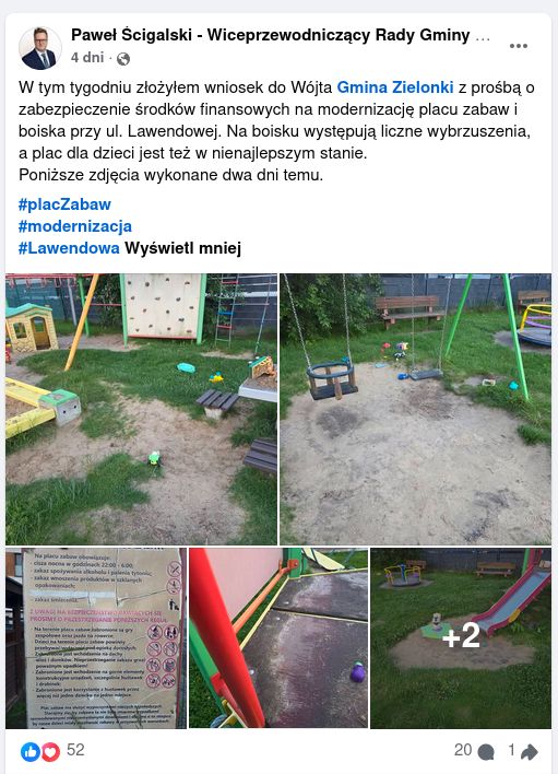 Paweł Ścigalski - post z 24 czerwca 2026 na temat stanu placu zabaw przy ul. Lawendowej
