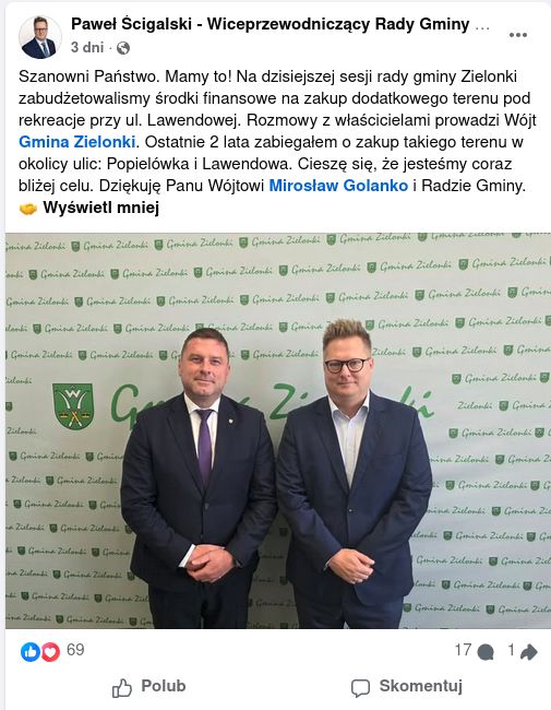 Paweł Ścigalski - post z 25 czerwca 2026 na temat terenu przy ul. Lawendowej
